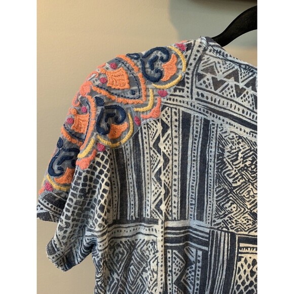 Sundance Boho 100% Linen Top Sz XS Short Sleeve V-neck Shirt Blue  Tapestries - Picture 6 of 10